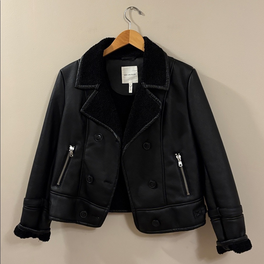 Avec Les Filles Black Faux Leather & Shearling Jacket